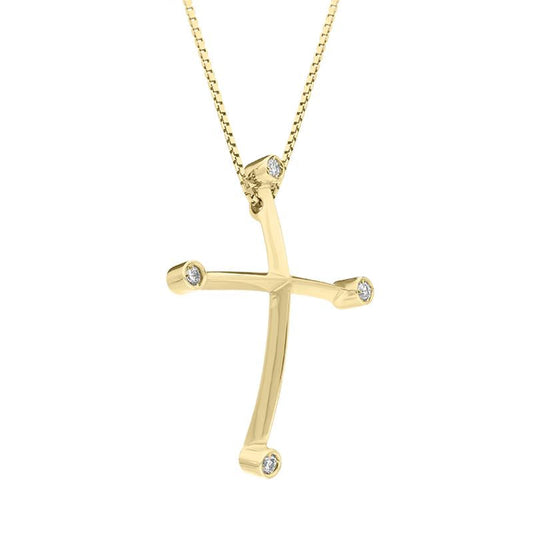 18ct Yellow Gold Diamond Set Curved Cross Necklace