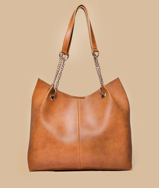 Chain Decor Shoulder Tote Bag (Metallic Orange)