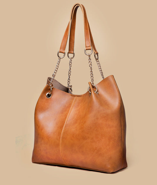 Chain Decor Shoulder Tote Bag (Metallic Orange)