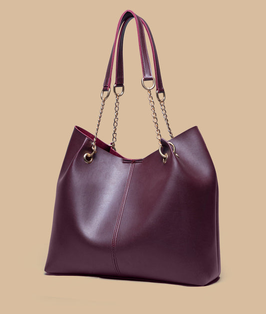 Chain Decor Shoulder Tote Bag (Burgundy)