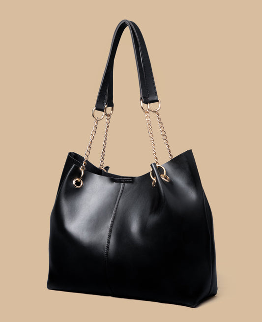 Chain Décor Shoulder Tote Bag (Black)