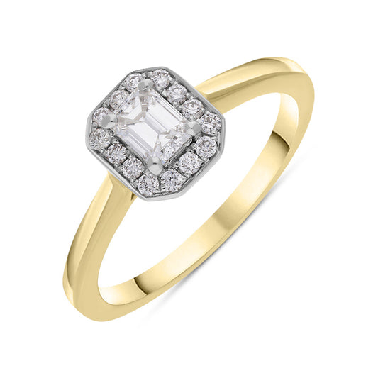 18ct Yellow Gold .49ct Diamond Emerald Cut Halo Ring