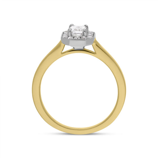 18ct Yellow Gold .49ct Diamond Emerald Cut Halo Ring