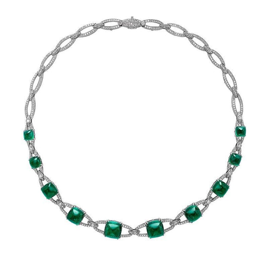 FColours of Love Empress 18ct White Gold 54.23ct Sugarloaf Emerald Diamond Necklace